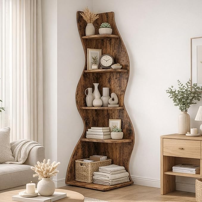 Arvolia 70 Inch Corner Bookshelf, Modern 5-Tier Small Bookshelf with Unique Curved Design, Freestanding Vertical Storage Shelf for Living Room, Bedroom or Home Office (Brown Modern)
