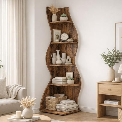 Arvolia 70 Inch Corner Bookshelf, Modern 5-Tier Small Bookshelf with Unique Curved Design, Freestanding Vertical Storage Shelf for Living Room, Bedroom or Home Office (Brown Modern)