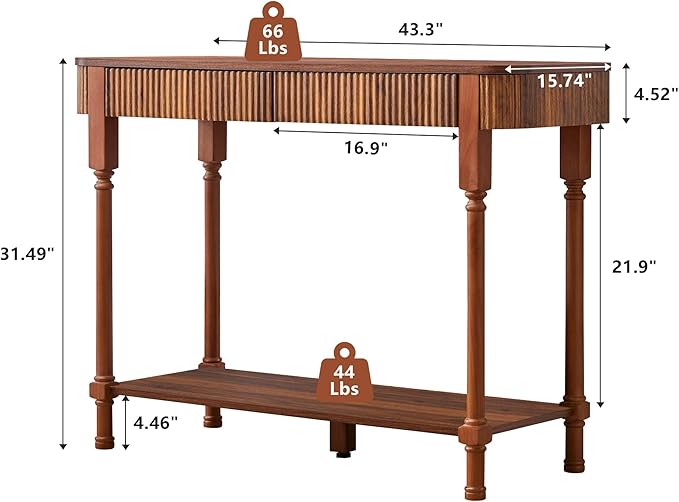 Fluted Console Table for Entryway, 43.3'' Narrow Entryway Tables with 2 Wooden Drawers, Retro Sofa Table Behind Couch Accent Tables for Foyer, Living Room, Hallway (Walnut)