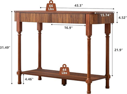 Fluted Console Table for Entryway, 43.3'' Narrow Entryway Tables with 2 Wooden Drawers, Retro Sofa Table Behind Couch Accent Tables for Foyer, Living Room, Hallway (Walnut)