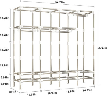 Large Portable Wardrobe with 4 Hanging Rods and Drawers, Armoire, Metal Storage Wardrobe Hangers, Upgraded Grey Non-Woven Dust Cover for Handing Closet,Large Closets for Bedroom