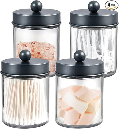 Amolliar 4 Pack Apothecary Jars Bathroom Vanity Storage Organizer Set -Countertop Canister with Stainless Steel Lids &Cute Stickers - Qtip Dispenser Holder for Qtips,Cotton Swabs,Makeup Sponges (Grey)