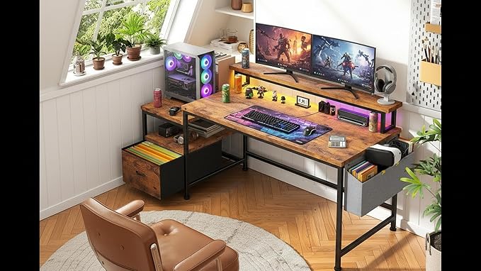 Computer Desk with Monitor Stand,Office Desk with LED Lights &Power Outlets,Gaming Desk with Drawers & Printer Shelf,Writing Table with Side Storage Bag,57" W x 20" D x 36" H,Rustic Brown