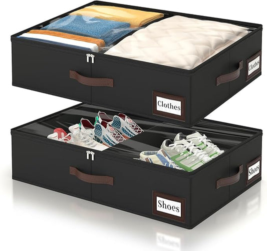 OIAHOMY 2 Pack 38L Under Bed Storage with Adjustable Dividers, 6" Low Profile Underbed Storage Bins for Comforters & Clothes, Save Closet Space with Clear View Lid & Reinforced Handles, Black