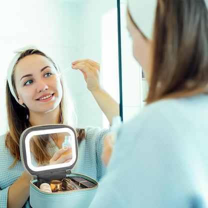 Mini Makeup Bag with Led Mirror, Small Travel Make up Bag 3 Light Modes Adjustable Brightness, for Women Organizer Cosmetic Bag, Portable Travel Train Toiletry Bag, for Pool Parties Work Touch-Ups
