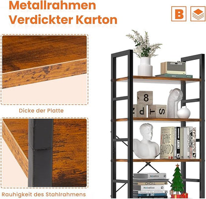 Sweetcrispy Book Shelf, 5 Tier Bookcase, Modern Tall Bookshelf Corner Storage Organizer for Garage Kit, CDs, Movies Suitable Home Office Bedroom, Kitchen, Living Room - Brown