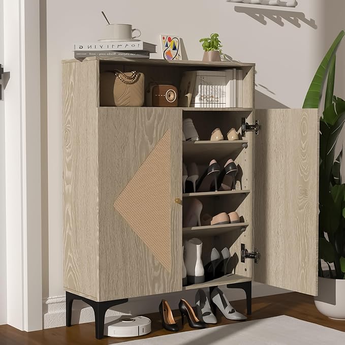Shoe Cabinet Storage for entryway, Rattan Shoe Cabinet with Double Doors, 3 Adjustable Shelves, Slim Modern Shoe Organizer Cabinet with Open top Shelf and Metal Legs