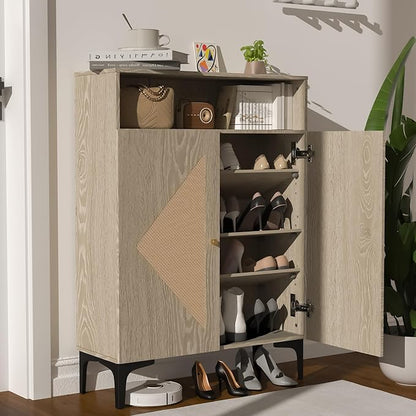 Shoe Cabinet Storage for entryway, Rattan Shoe Cabinet with Double Doors, 3 Adjustable Shelves, Slim Modern Shoe Organizer Cabinet with Open top Shelf and Metal Legs