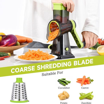 Rotary Cheese Grater with Handle Kitchen Shredder Slicer Grater Slicer Ice Shaver Cheese Vegetable Nuts Potato Zucchini Chocolate 3 Interchangeable Blades (Green TSP)