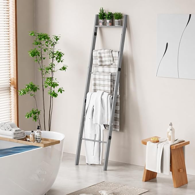 BAMBANG 6-Tier Blanket Ladder for Living Room, Blanket Quilt Ladder Rack Rustic Decorative Towel Holder, Wall Leaning Blanket Ladder Shelf Storage Farmhouse Decor for Bedroom Bathroom, Gray