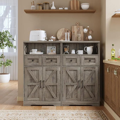 Farmhouse Storage Cabinet with Barn Doors and Open Shelf, Kitchen Pantry with Storage, Coffee Bar Station, Freestanding Cupboard Hutch Cabinet for Kitchen, Dinning Room, Livingroom, Grey