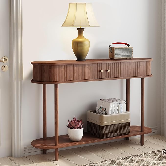 ARTPOWER Modern Entryway Table with Wood Tambour Door, Accent Behind Couch Sofa Console with Storage, Fluted Side Table for Hallway, Living Room, Foyer, Brown