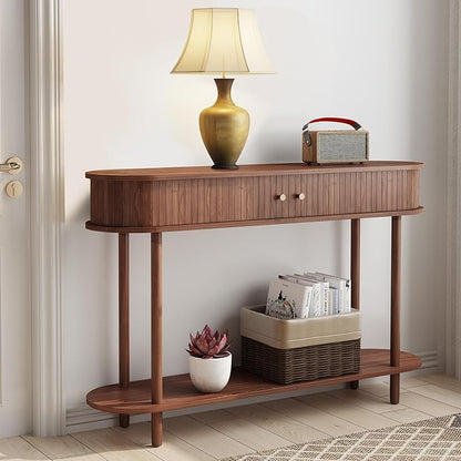 ARTPOWER Modern Entryway Table with Wood Tambour Door, Accent Behind Couch Sofa Console with Storage, Fluted Side Table for Hallway, Living Room, Foyer, Brown