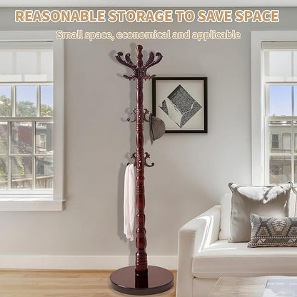 ZOZOE Wooden Classic Coat Rack Stand, Solid Wood Coat Rack Freestanding with 14 Hooks, Vintage Coat Racks with Sturdy Round Base, Natural Birch Wood Coat Tree Hanger Stand for Entryway Hallway