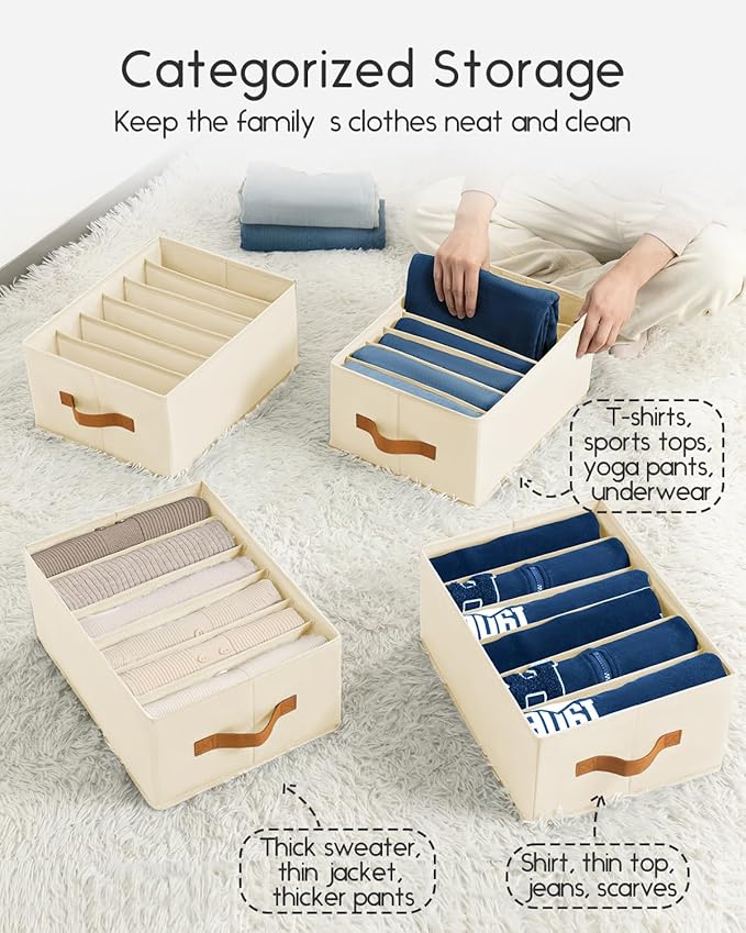 Homsorout Closet Organizers and Storage - Fabric Clothes Organizer with Handles, Foldable Jeans Organizer for Clothes, Drawer Organizer for Shirts, Bra, Sweater, Scarf, 8 Pack, Beige