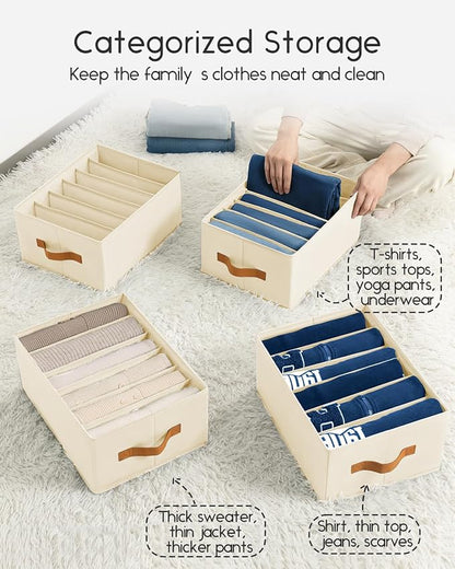 Homsorout Closet Organizers and Storage - Fabric Clothes Organizer with Handles, Foldable Jeans Organizer for Clothes, Drawer Organizer for Shirts, Bra, Sweater, Scarf, 4 Pack, Beige