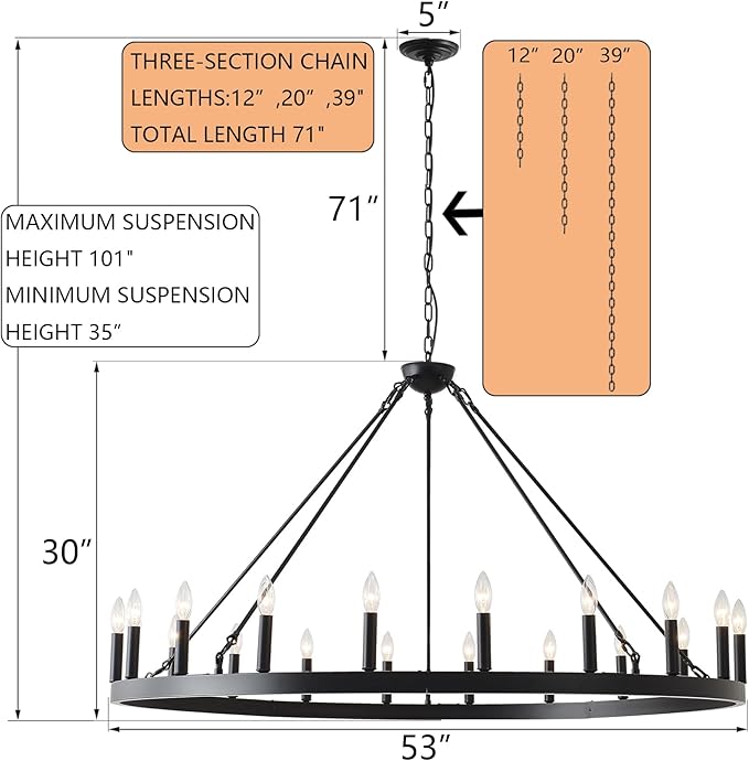 53 Inch Black Extra Large Wagon Wheel Chandelier, 20-Lights Farmhouse Industrial Round High Ceiling Pendant Light Adjustable Chain for Outdoor Porch,Foyer,Dining Room, Living Room