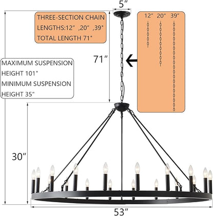 53 Inch Black Extra Large Wagon Wheel Chandelier, 20-Lights Farmhouse Industrial Round High Ceiling Pendant Light Adjustable Chain for Outdoor Porch,Foyer,Dining Room, Living Room
