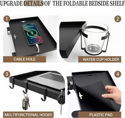 Foldable Bedside Shelf for Dorm Bunk Bed,Heavy Duty Metal Clip-On Bed Table Tray College Dorm Room Essentials,Bed Side Caddy Nightstand Alternative Organizer with Hooks&Removable Cup Holder Black