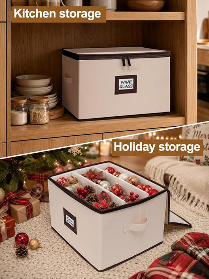 punemi Wine Glass Storage Box, Stemware Storage Case with 12 Padded Dividers, Hard Shell Support & Dustproof Lid, Stackable Glassware Containers for Wine Glasses, Goblets, Beige, 2 Pack