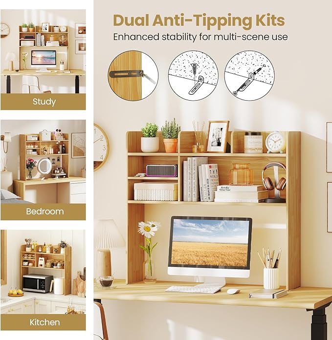 Desk Hutch, Desktop Shelf with 6 Shelves, Desk Bookshelf w/Anti-Toppling Devices, Wood Table Top Bookshelf Organizer, Small Desk Shelf for Study, Office, Dorm (Burlywood, 6 Shelves)