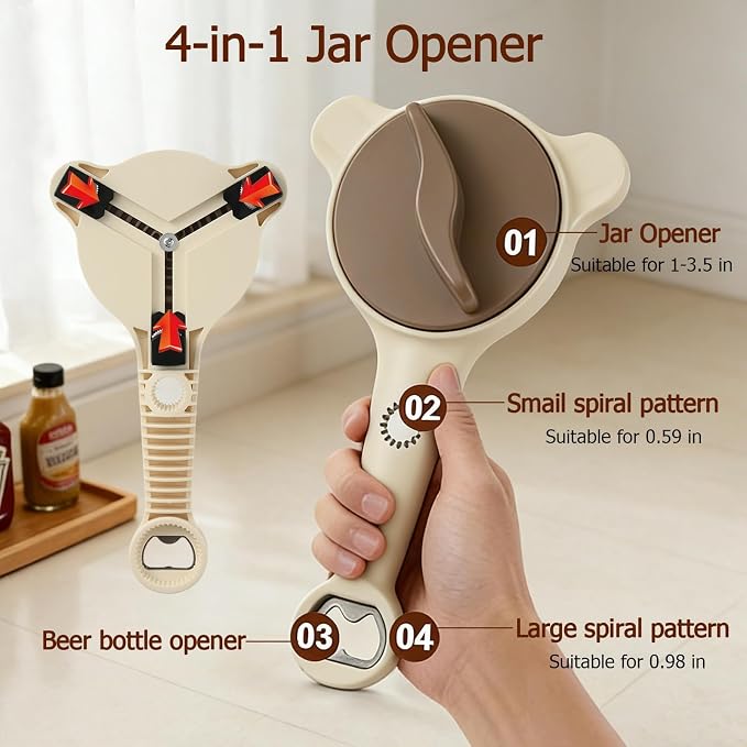 4-in-1 Jar Opener, Adjustable Jar Opener for Seniors, Kitchen Tool Designed Specifically for Seniors and Those with Limited Physical Strength, Suitable for Beer, Salad Dressing, Jar (Beige)