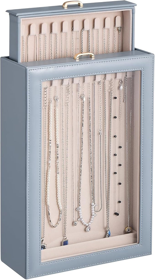 Lolalet Necklace Organizer Box, Jewelry Storage Box with Clear Window for Necklaces Bracelets, Tangle-Free Necklace Display Case for Women Girls, Dusty Blue, 2 Layers 20 Hooks