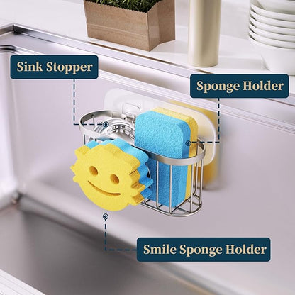 Consumest Sponge Holder Smiley Face - Kitchen Sink Caddy, Sink Organizer with Removable Suction Cups & Adhesive Strips, Suit for Sponge, Soap, Sand Nickel