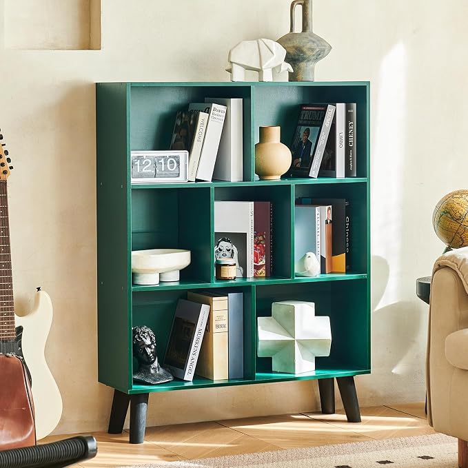 LEYAOYAO Cube Bookshelf 3 Tier Mid-Century Dark Green Modern Bookcase with Legs,Retro Wood Bookshelves Storage Organizer Shelf,Freestanding Open Book Shelves for Bedroom,Living Room,Office