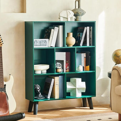 LEYAOYAO Cube Bookshelf 3 Tier Mid-Century Dark Green Modern Bookcase with Legs,Retro Wood Bookshelves Storage Organizer Shelf,Freestanding Open Book Shelves for Bedroom,Living Room,Office