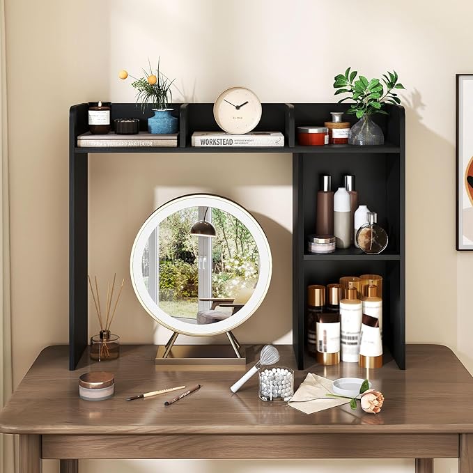Desk Hutch, Desktop Shelf with 5 Shelves, Desk Bookshelf w/Anti-Toppling Devices, Wood Table Top Bookshelf Organizer, Small Desk Shelf for Study, Office, Dorm (Black, 5 Shelves)