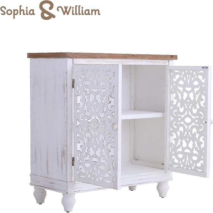 Sophia & William Accent Cabinet with Doors, Distressed Display Storage Cabinet with Wooden Frame and Hollow-Carved Floral Pattern for Entryway Living Room, White