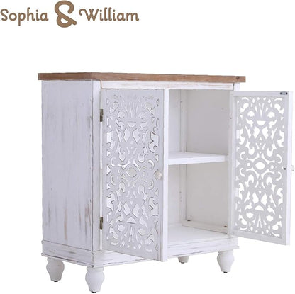 Sophia & William Accent Cabinet with 2 Doors, Distressed Storage Cabinet with Wood Frame and Hollow-Carved Door for Entryway Living Room, White