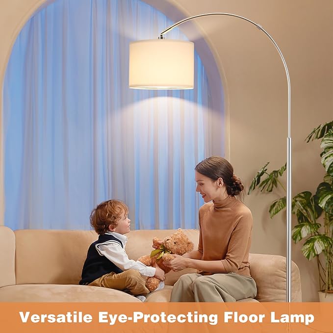Ambimall Dimmable Arc Floor Lamp with Remote, Color Temperatures and Brightness Adjustable, Arched Floor Lamp with Rotating Head, Over Couch Arched Reading Light for Living Room (White and Silver)