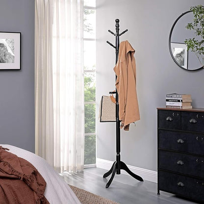 VASAGLE Solid Wood Coat Rack and Stand, Free Standing Hall Coat Tree with 10 Hooks for Hats, Bags, Purses, for Entryway, Hallway, Rubberwood, Ink Black URCR003B01