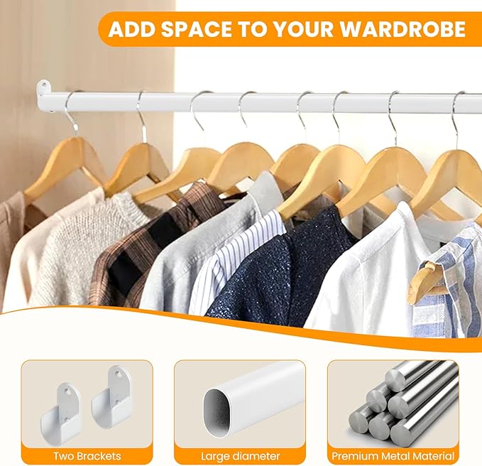 Oval Closet Rod for Hanging Clothes Adjustable Closet Rods 18 to 63 Inch Heavy Duty White Poles Bar Closet Rod Expandable for Wardrobes Laundry RV
