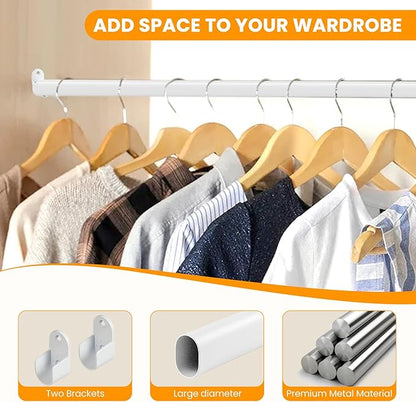 Oval Closet Rod for Hanging Clothes 18 to 52 Inch Adjustable with Snap Fasteners Heavy Duty 1 inch Diameter With End Supports White Poles Bar Closet Rod Expandable for Wardrobes
