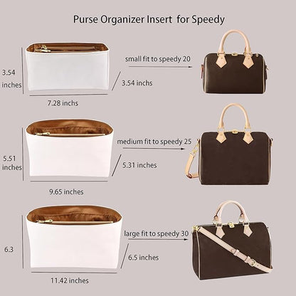Purse Organizer Insert for handbag，Dupont paper Ultra-Light weight Bag Organizer Insert for LV Speedy 25 Waterproof (Medium-white brown)