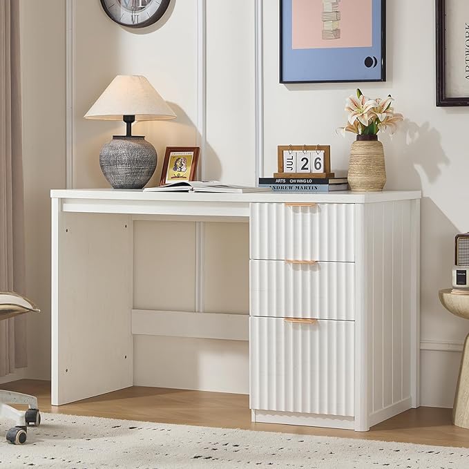 48" Modern Fluted Executive Desk with Storage Cabinet, White Large Home Office Desk with File Drawer & Metal Handles, Wood Computer Writing Table for Office,Study, Bedroom,Living Room