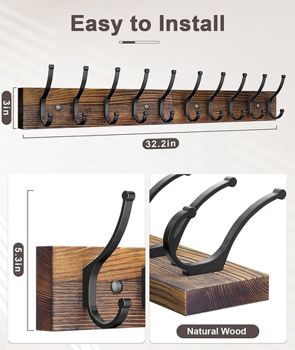 Optish 2 Pack Wooden Coat Rack Wall Mount, 16.1" Rustic Coat Hanger Hooks with 10 Double Hooks, Wall Coat Rack for Hat, Clothes, Bags, Jacket, Brown
