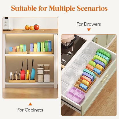 Lifewit Bamboo Lid Organizers for Inside Cabinet, Food Storage Container Lid Holder with 5 adjustable Inserts & 6 Sections, Kitchen Pantry organizer and storage, Large, 13.2" x 10"/34 x 25cm