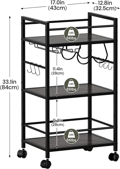 Bar Cart, Serving Cart for Home, Microwave Cart, Drink Cart, Mobile Kitchen Shelf with Wine Rack and Glass Holder, Rolling Beverage Cart for Dining Room, Grey