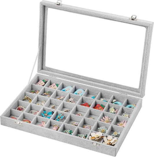 Frebeauty 40 Grid Jewelry Tray,Adjustable Earring Holder Organizer with Glass Lid,Velvet Drawer Jewelry Organizer for Rings,Studs,13.8 x 9.5 x 2 Inches Jewelry Display Box,Gift for Women(Grey)