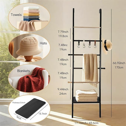 Wooden Ladder with Shelf for Decor, 6-Tier Decor Ladder with Non-Slip Mat & Hooks, Farmhouse Style Leaning Wall Display Holder, Black