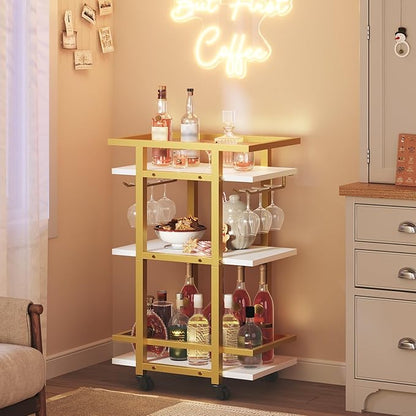 3 Tier Bar Cart, Home Bart Serving Cart with Glass Holders, Rolling Beverage Cart, Mobile Kitchen Shelf, for Home, Garden, Party, Gold BC09DW