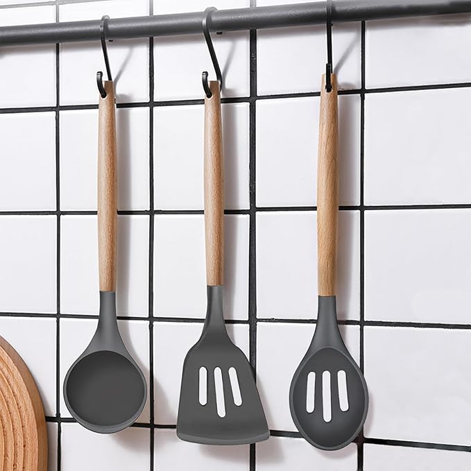 IOCBYHZ Silicone Cooking Utensils Set 5-Piece Non-Stick Kitchen Utensil Set, Wood Handle Heat Resistant Spatula Spoon Turner Soup Ladle Silicone Cooking Kitchen Gadgets BPA Free for Nonstick Cookware
