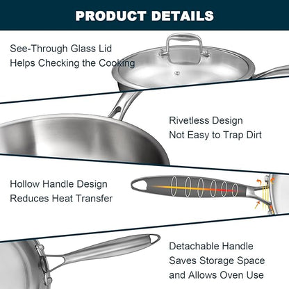 Tri-Ply Stainless Steel Frying Pans Set with Lid, EWFEN 8”/10”/12” Cooking pans, PFOA&PTFE Free Skillet, Induction Cooking Pan, Dishwasher and Oven Safe, Fast & Even Heat, Suitable for All Stove
