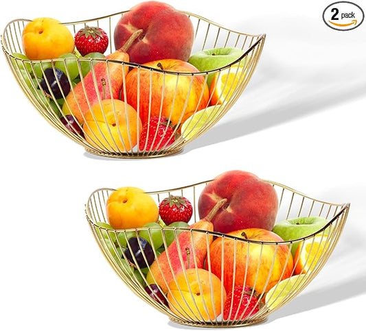 kumet 2-Pack Kitchen Countertop Fruit Baskets – Sturdy Metal Wire Rack, Multi-Purpose Tabletop Storage Tray for Fruits, Vegetables, Bread, and Household Items (Gold)