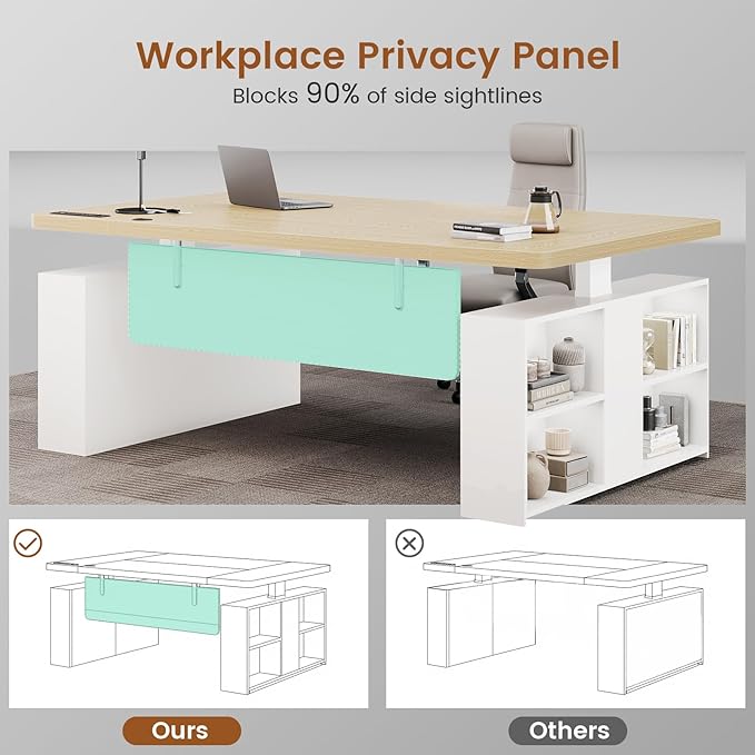SEDETA 63" Executive Standing Desk with Storage, Executive Height Adjustable Desk with Power Outlets, Large Computer Office Desk with Privacy Panel for Home Office, Natural Oak