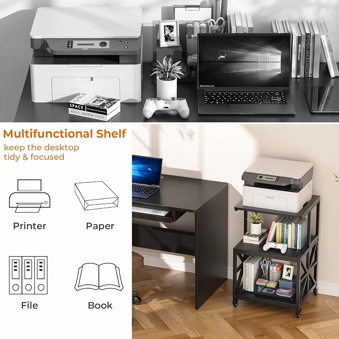 GreenForest Printer Stand with Lockable Wheels, Heavy Duty Printer Table | 3-Tier Storage Shelf, Fit 2-3 Printers/3d/Heat Press/Laser, Rolling Cart for Home Office, Small Spaces, 19.7"x17.7", Black
